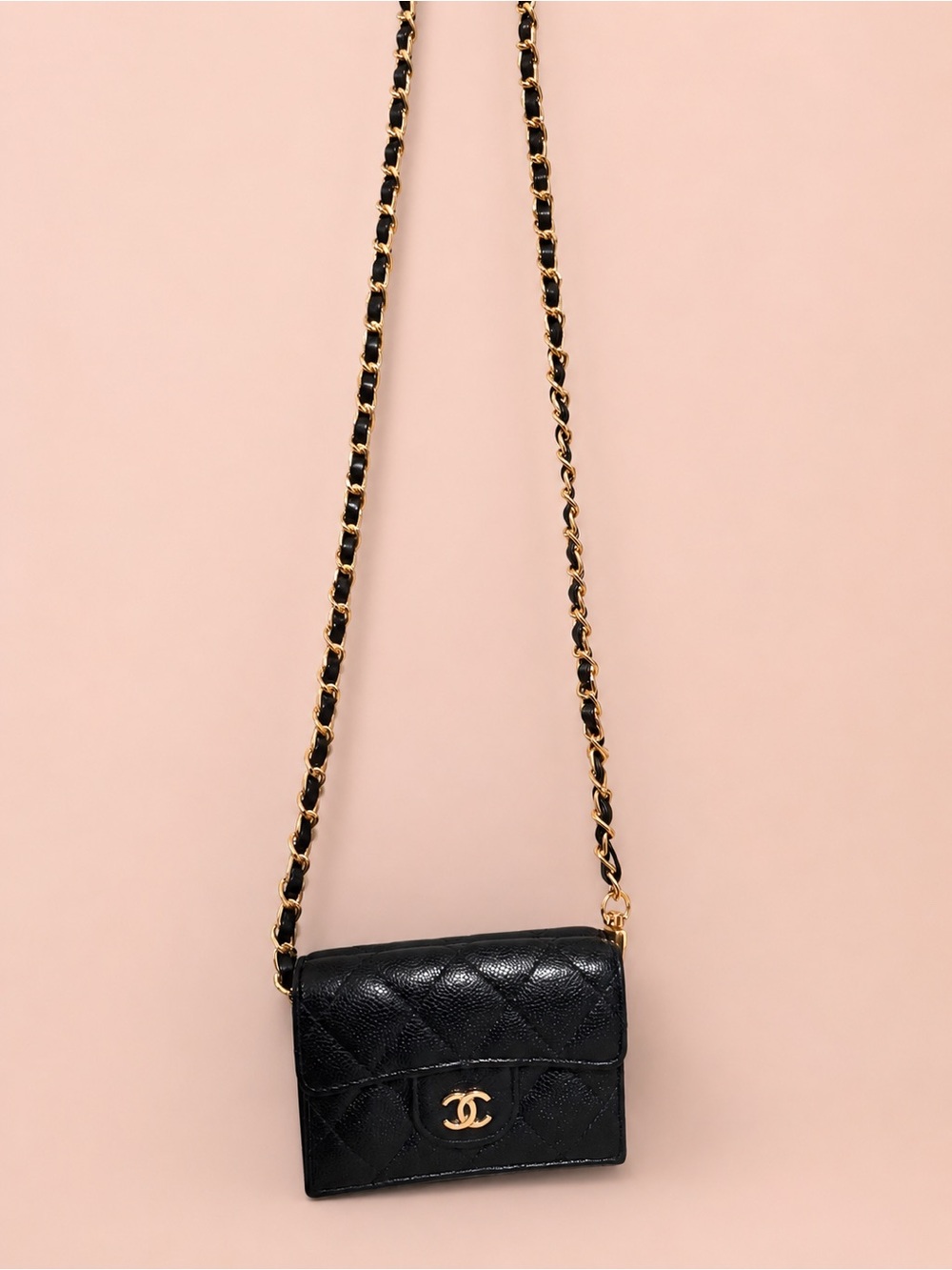 CHANEL Black Quilted Caviar Leather Compact Wallet with Gold CC